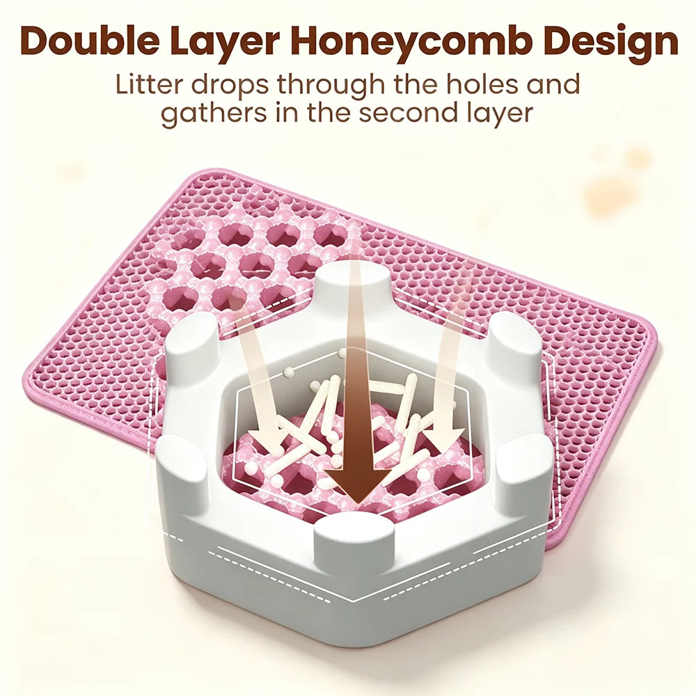 Tapis de litière chat double couche rose, design alvéolé qui filtre la litière