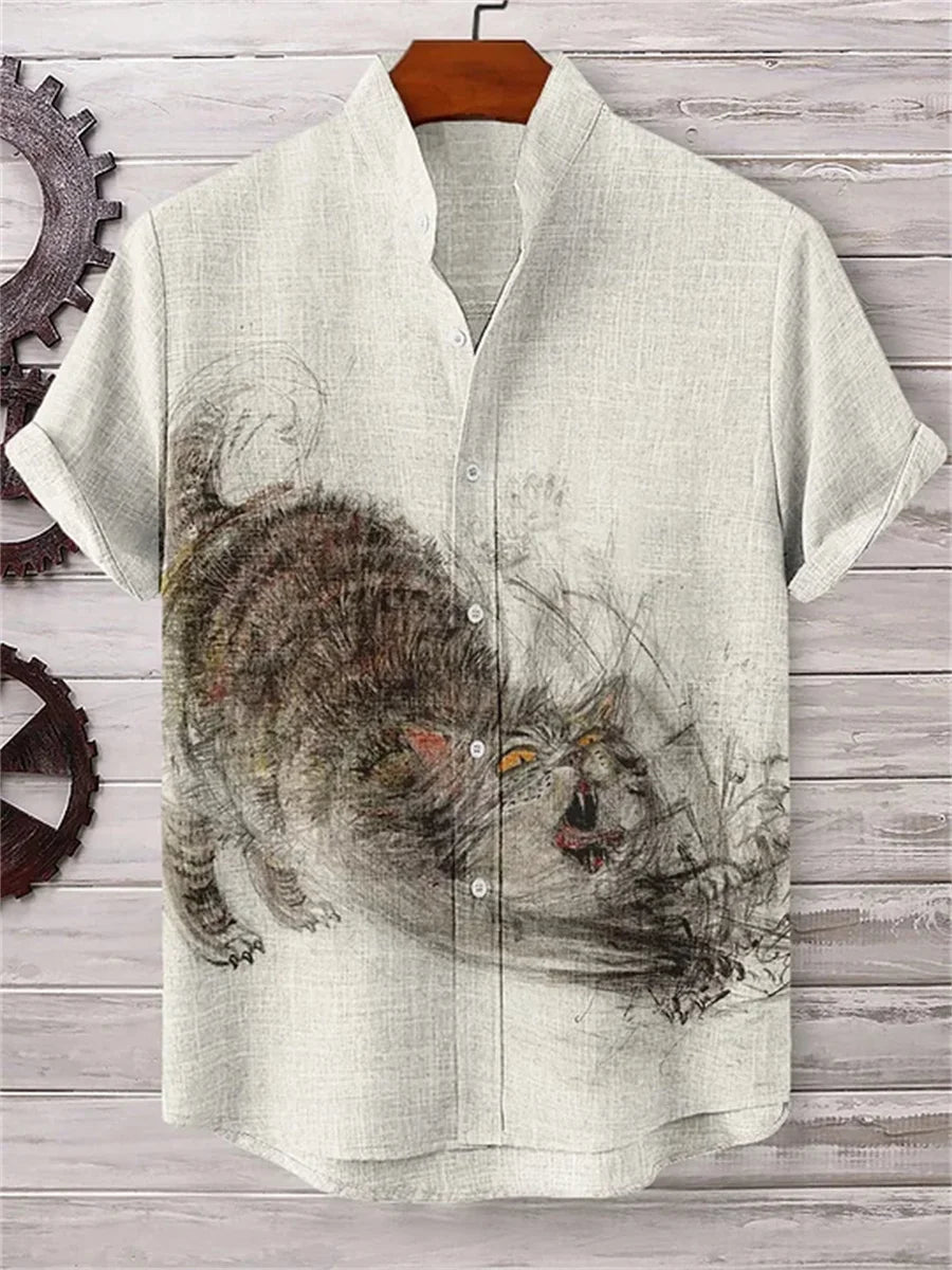 Chemise Hawaïenne Chat Homme — Imprimé Amusant, Col Montant, Style Décontracté