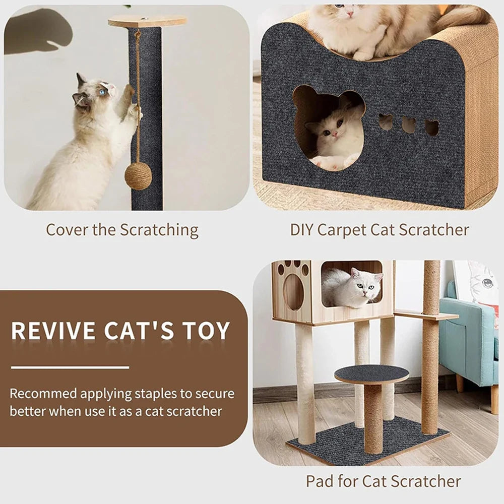 Tapis griffoir en sisal gris foncé sur structure, ouverture pour chat.