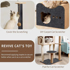 Tapis griffoir en sisal gris foncé sur structure, ouverture pour chat.