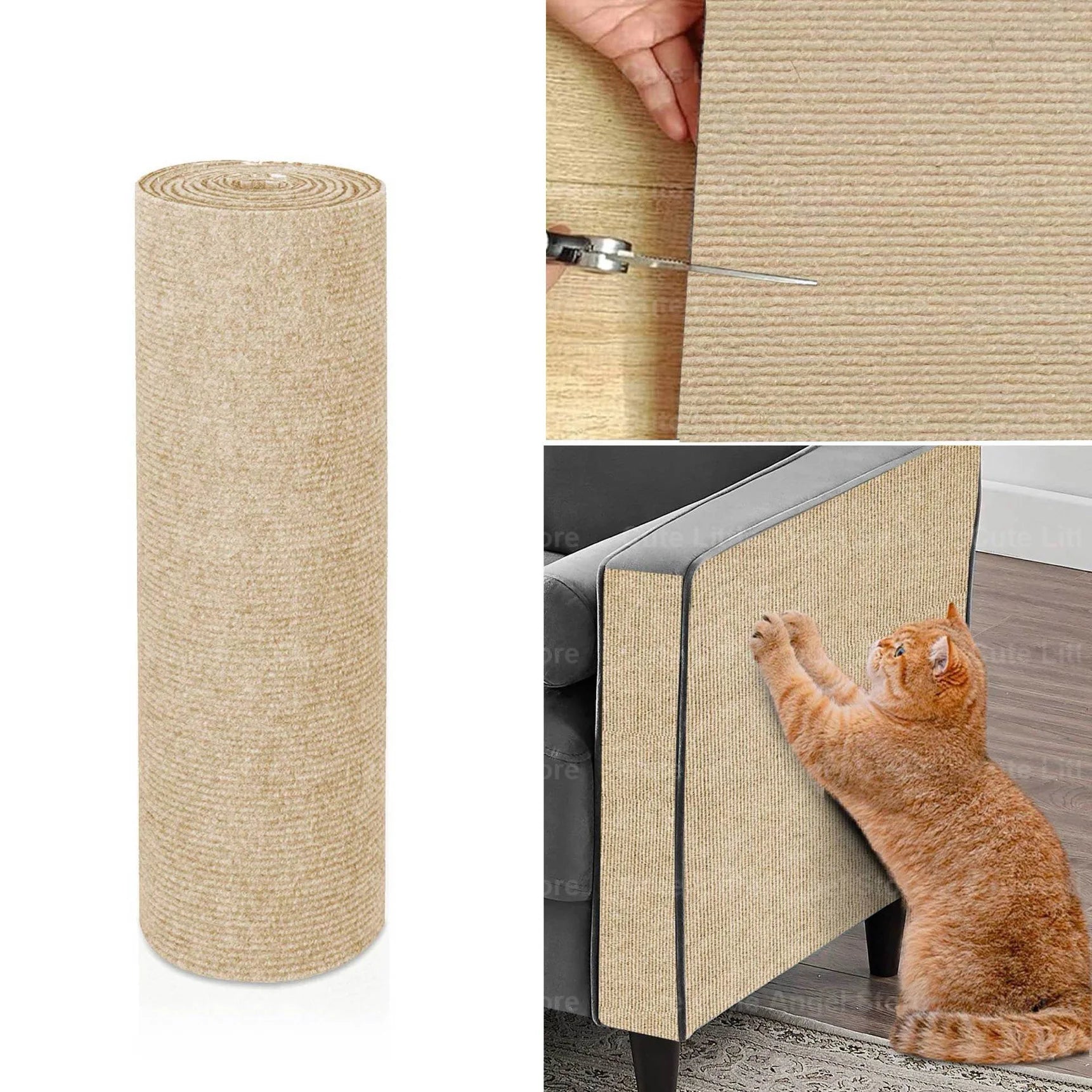 Tapis griffoir adhésif en sisal beige, rouleau et pose sur le côté du canapé