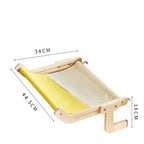 Nid suspendu en bois, coussin jaune et blanc, vue avec dimensions