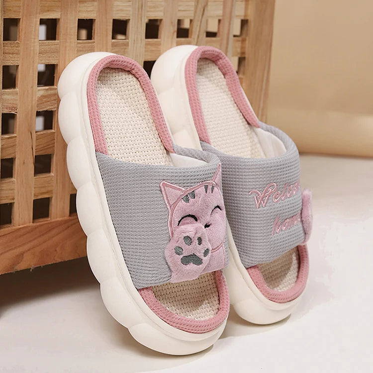 Chaussons Chat Mignon Femme — Pantoufles Plates Brodées Légères Été
