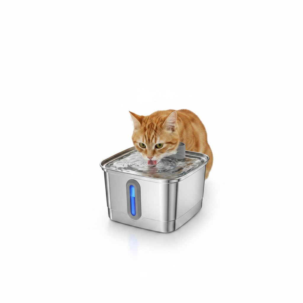 Fontaine à eau pour chat en acier inoxydable avec couvercle et fenêtre bleue