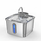 Fontaine à eau inox pour animaux avec robinet, eau en circulation et indicateur bleu