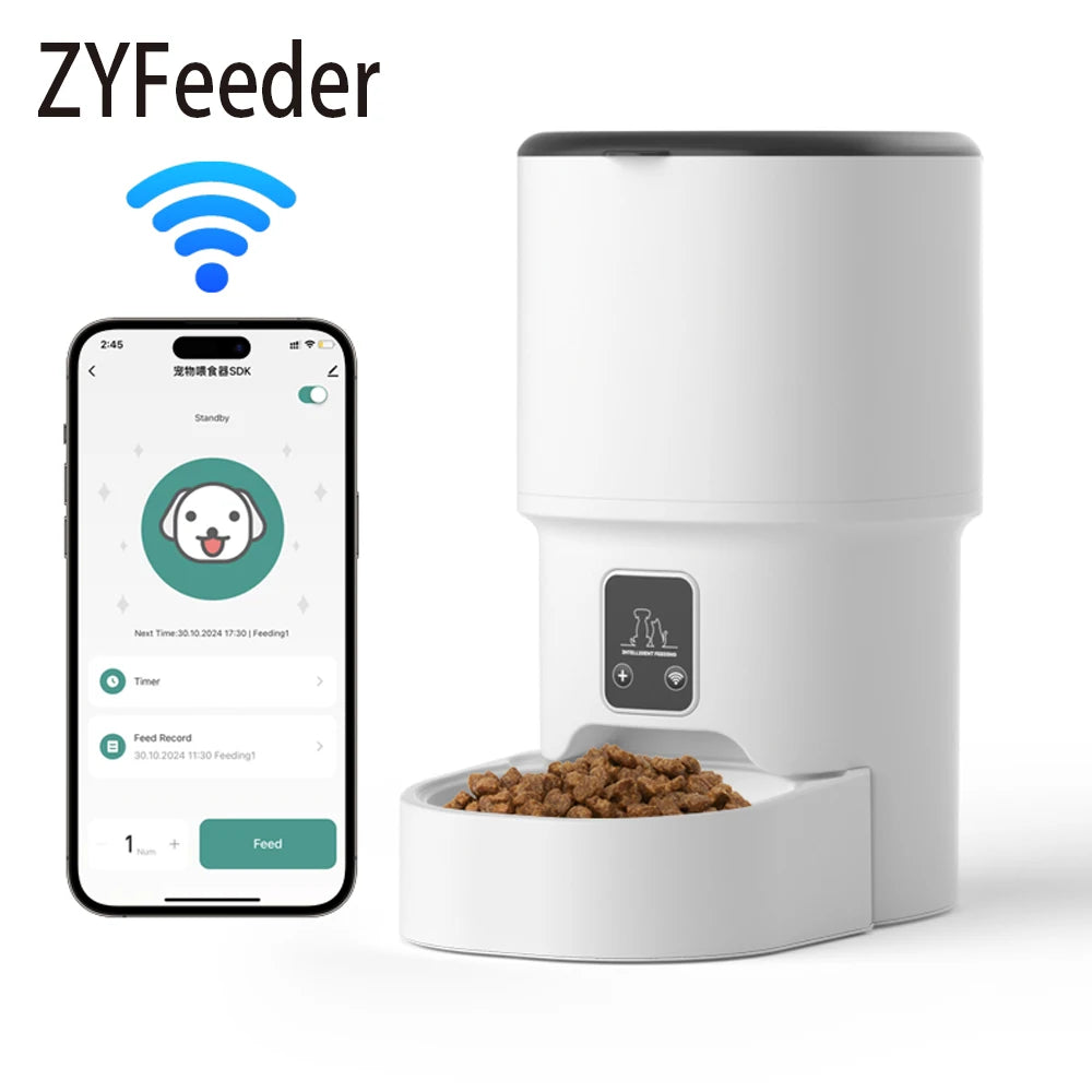 Distributeur automatique blanc avec écran et commande sur smartphone
