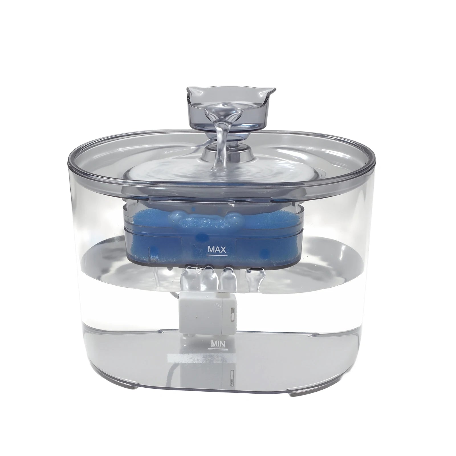 Fontaine à eau pour chat transparente, filtre bleu, repères MAX/MIN