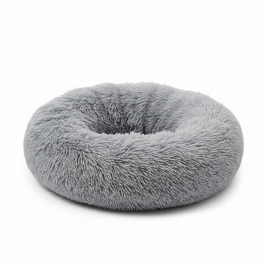 Panier chat et chien en peluche douillet rond gris sur fond blanc