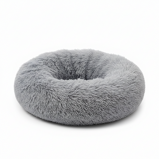 Panier chat et chien en peluche douillet rond gris sur fond blanc