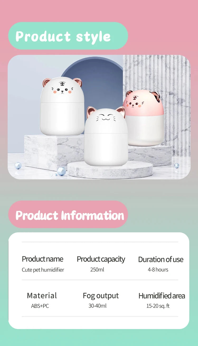 USB Mini Cat Humidifier – Silent Mist, 250ml, Kawaii Design | Cat Luna