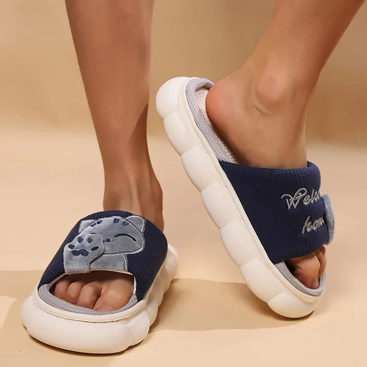 Chaussons Chat Mignon Femme — Pantoufles Plates Brodées Légères Été
