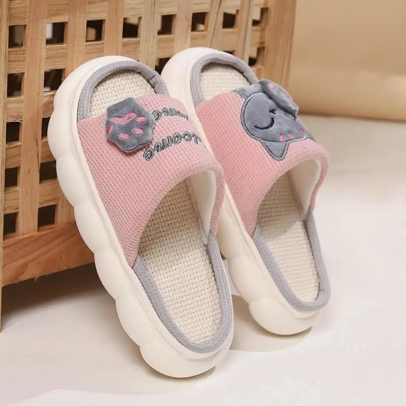 Chaussons Chat Mignon Femme — Pantoufles Plates Brodées Légères Été
