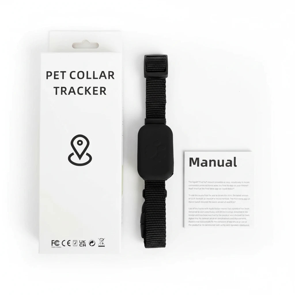Collier GPS pour animal : sangle noire et boîtier suiveur noir avec motif patte