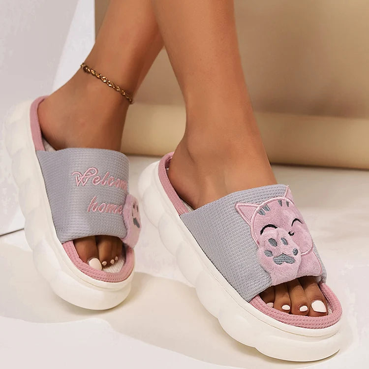 Chaussons Chat Mignon Femme — Pantoufles Plates Brodées Légères Été
