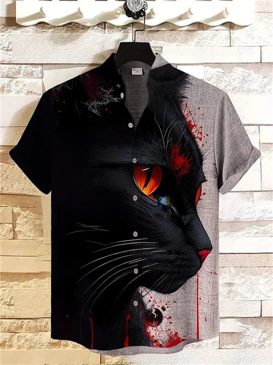 Chemise Hawaïenne Chat Homme — Imprimé Amusant, Col Montant, Style Décontracté