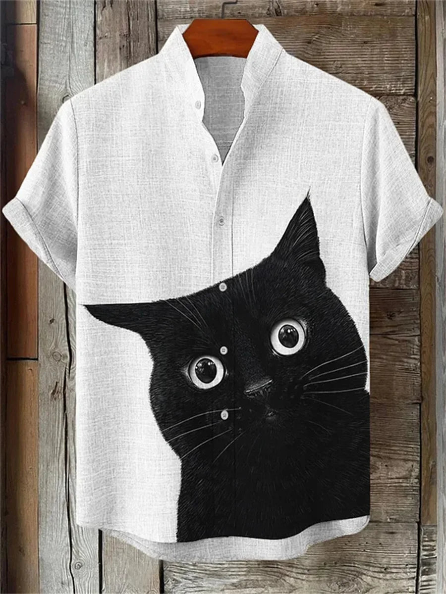 Chemise Hawaïenne Chat Homme — Imprimé Amusant, Col Montant, Style Décontracté