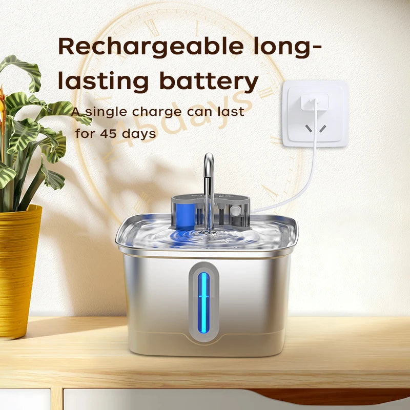 Fontaine à eau inox pour animaux avec robinet, témoin lumineux bleu et batterie rechargeable