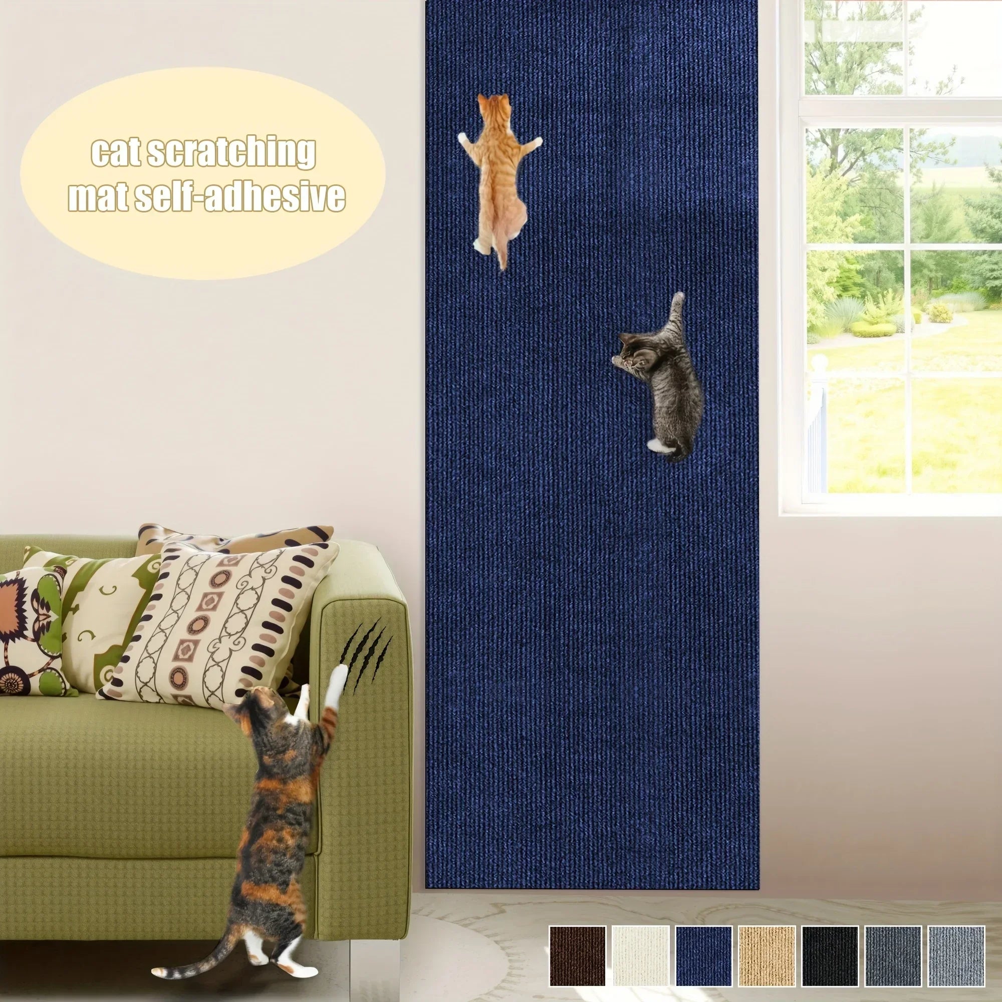 Tapis antigriffes autocollant bleu foncé avec silhouettes de chat griffant