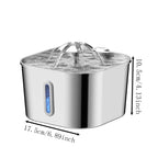 Fontaine à eau pour chat en acier inoxydable, vue latérale avec témoin lumineux bleu.
