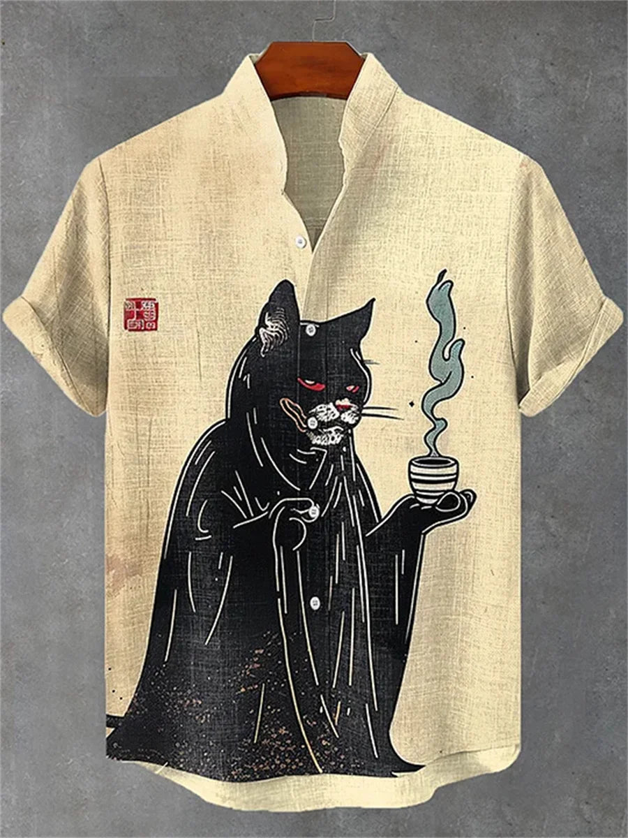 Chemise Hawaïenne Chat Homme — Imprimé Amusant, Col Montant, Style Décontracté