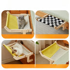 Nid suspendu en bois avec coussin jaune et tissu à carreaux noir et blanc