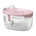 Fontaine à eau pour chat rose avec jet d’eau, réservoir translucide et grilles internes.