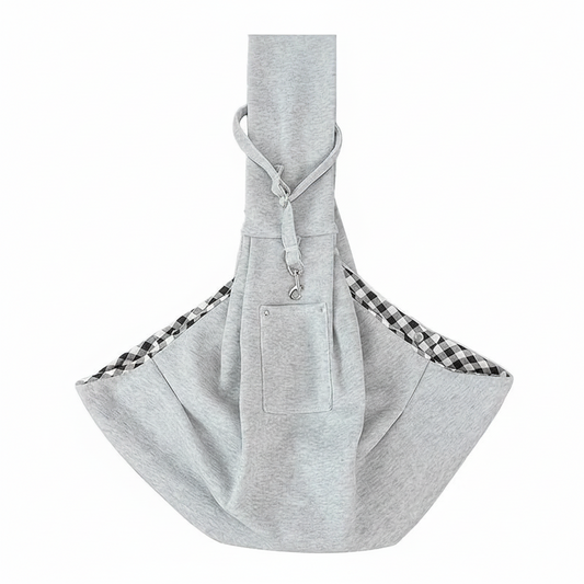 Sac de transport gris pour chat et petit chien, bandoulière et ouverture à cordon