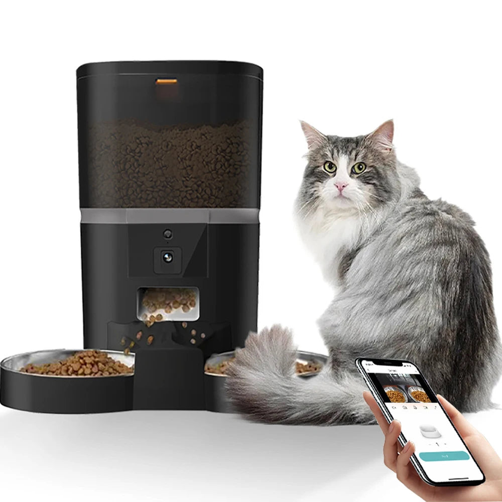Distributeur automatique de croquettes 4L gris/noir avec réservoir transparent et bol double.