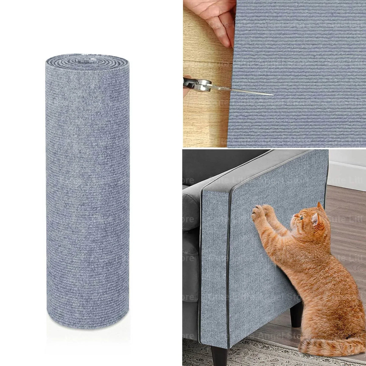 Tapis griffoir adhésif en sisal gris clair, rouleau cylindrique et chat qui gratte.