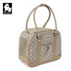 Sac de transport beige avec motif, poches latérales en maille et poignées doubles