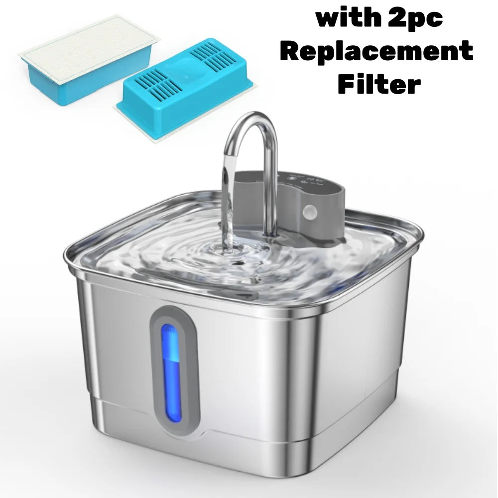 Fontaine à eau inox pour animaux avec robinet et filtres de remplacement, indicateur bleu
