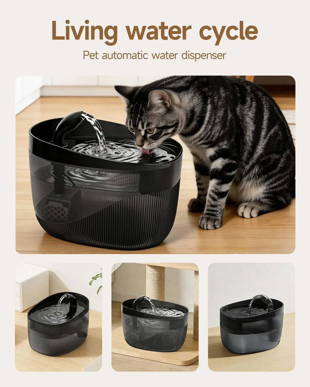 Fontaine à eau pour chat noire avec jet d’eau et surface de repos pour boire.