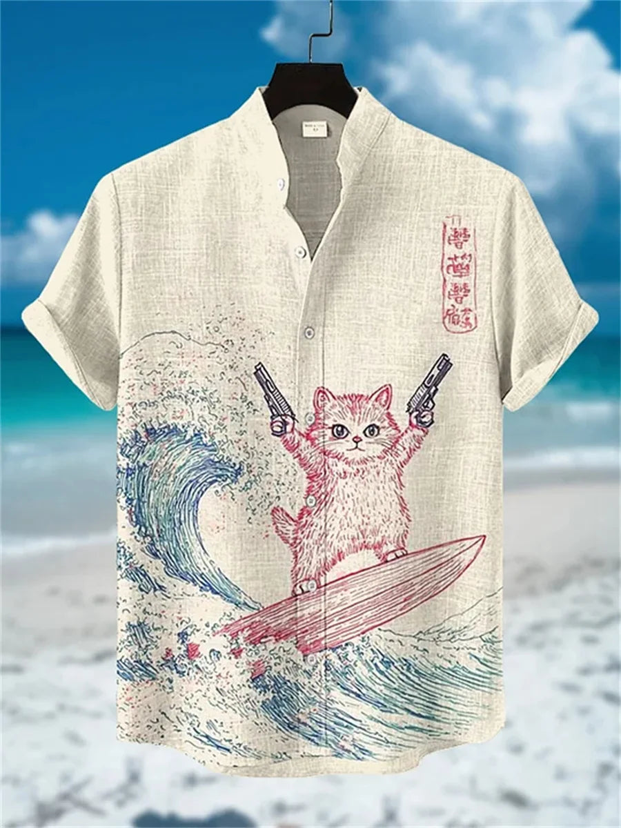 Chemise Hawaïenne Chat Homme — Imprimé Amusant, Col Montant, Style Décontracté