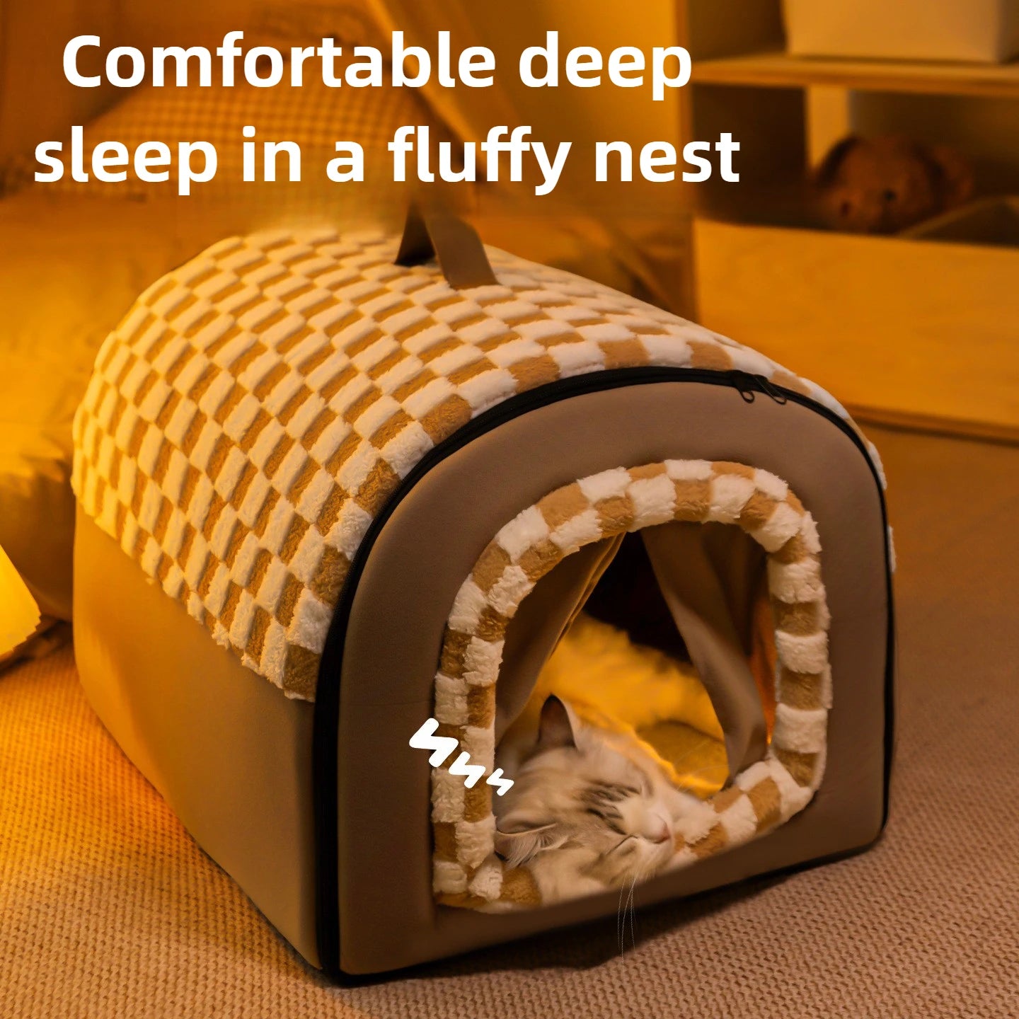 Chat dormant dans Maison chat fermée forme tente - refuge confortable toutes saisons