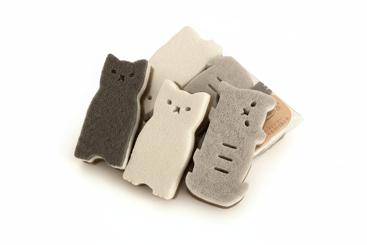 Set de 4 éponges chat mignonnes pour vaisselle - accessoires cuisine gris et blanc