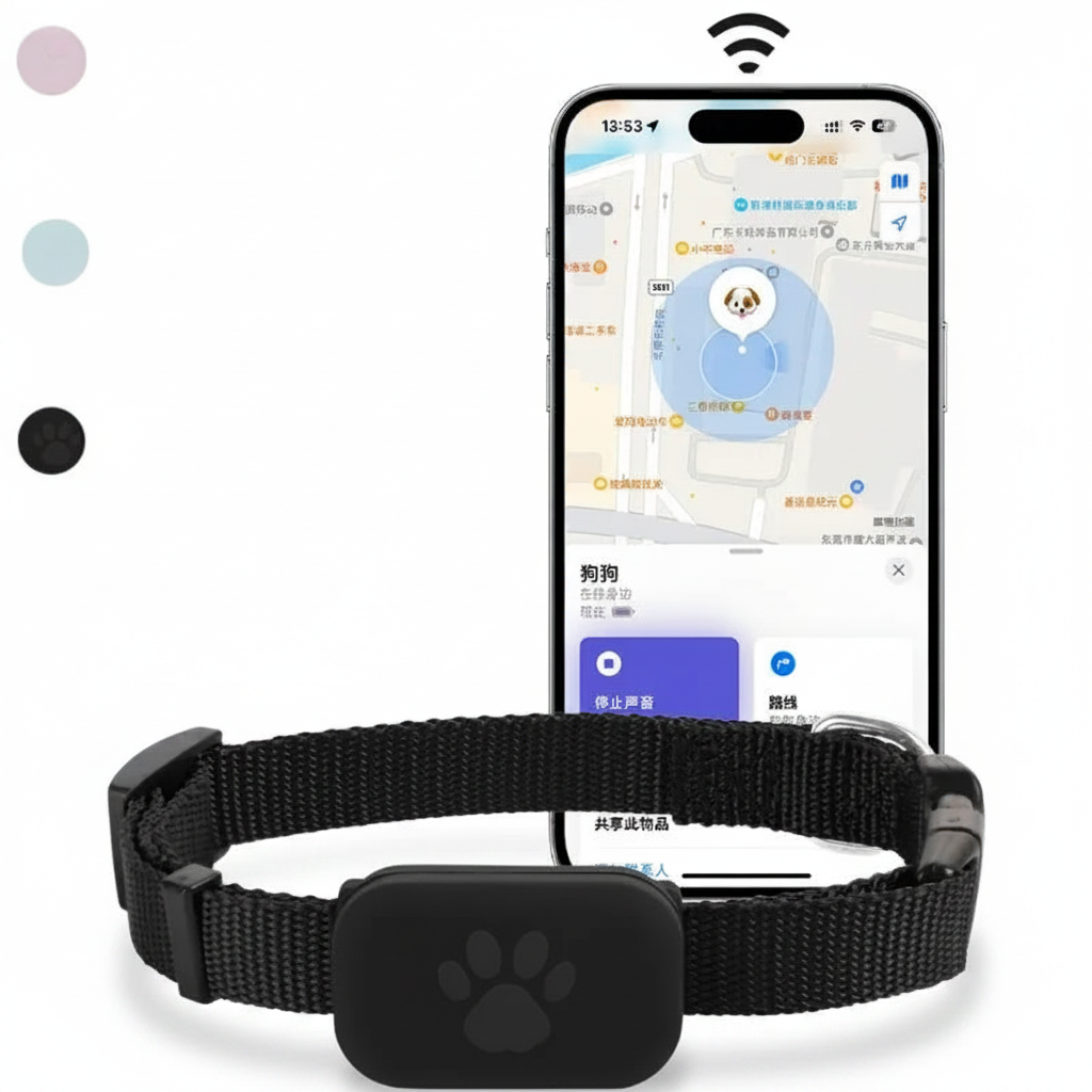 Collier GPS pour animal noir avec boîtier suiveur et motif patte, sangle tissée