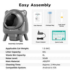 Litière automatique Cura X1 grise, vue de face avec accessoires illustrés
