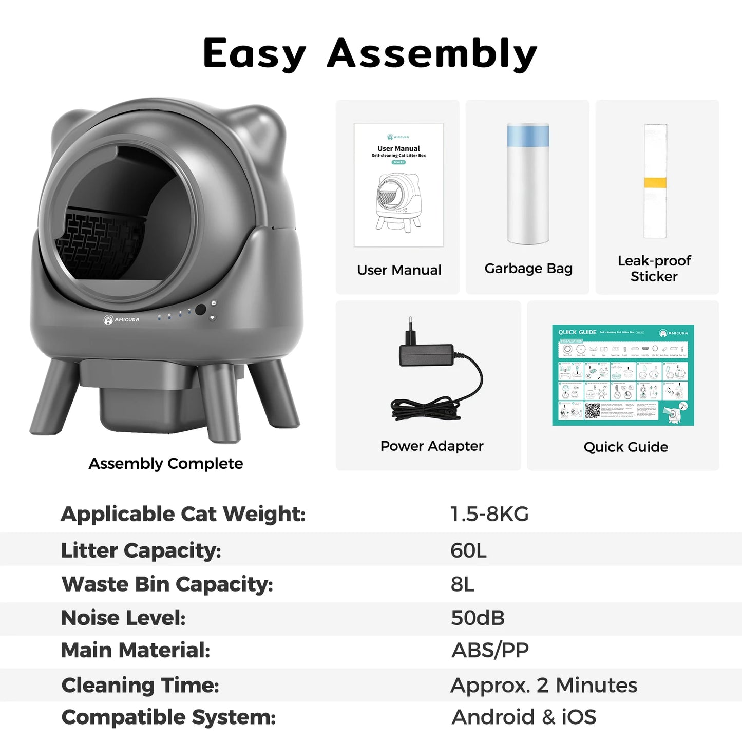 Litière Automatique Connectée Amicura Cura X1 – Autonettoyante avec Capteurs de Sécurité