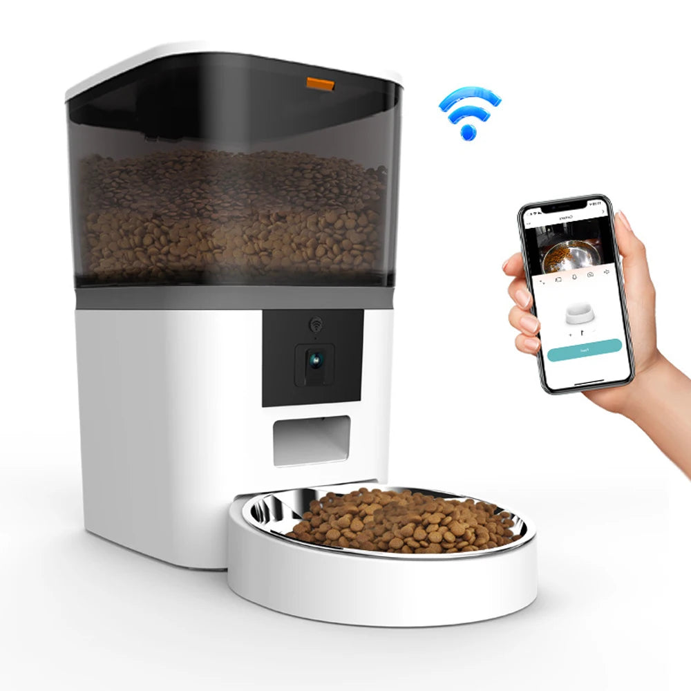 Distributeur automatique de croquettes 4L blanc, réservoir transparent, commande via smartphone.