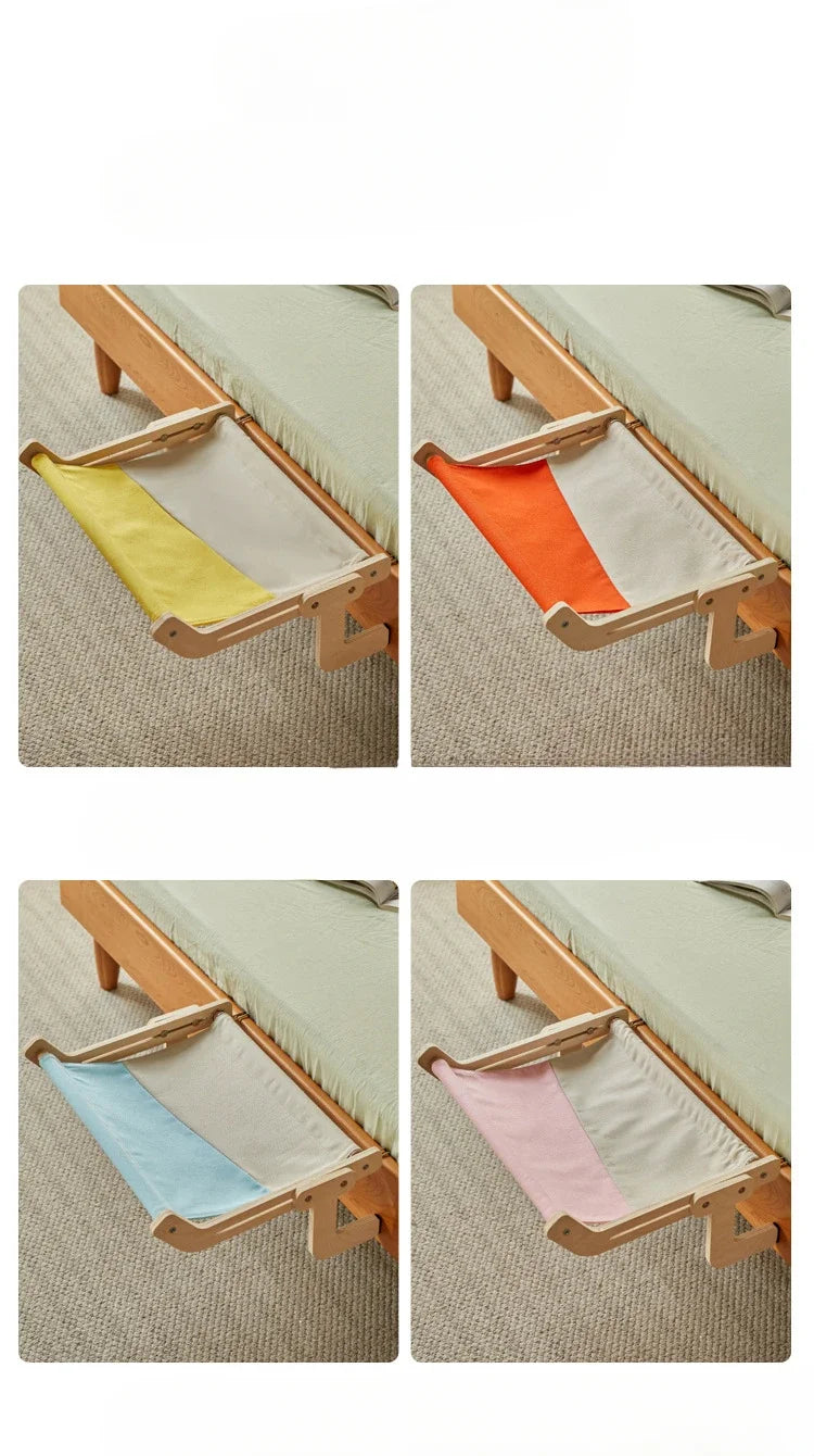 Nid suspendu en bois avec coussins jaune, orange, bleu clair et rose