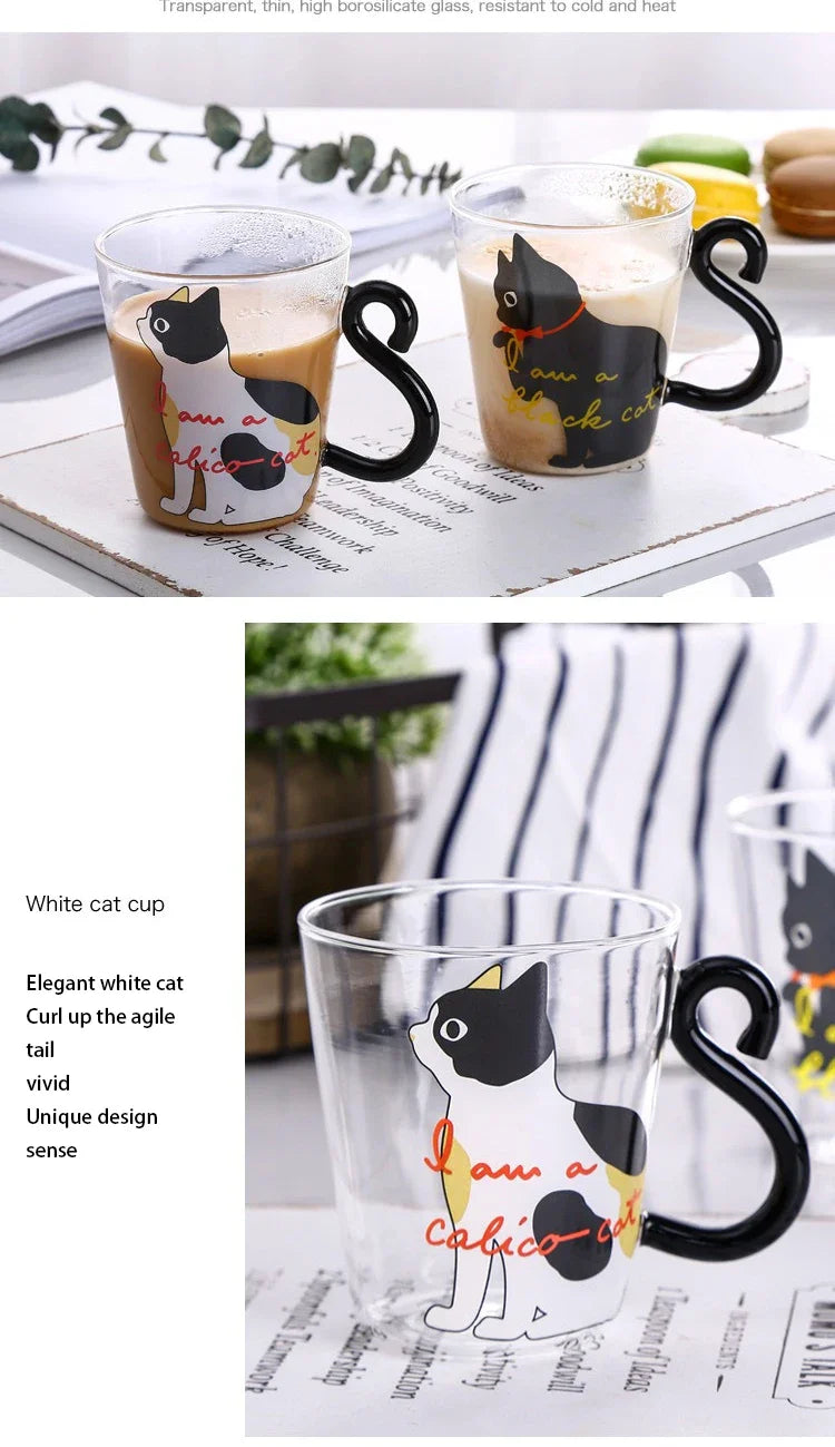 Mug en verre borosilicate transparent avec anse en forme de queue de chat avec description 
