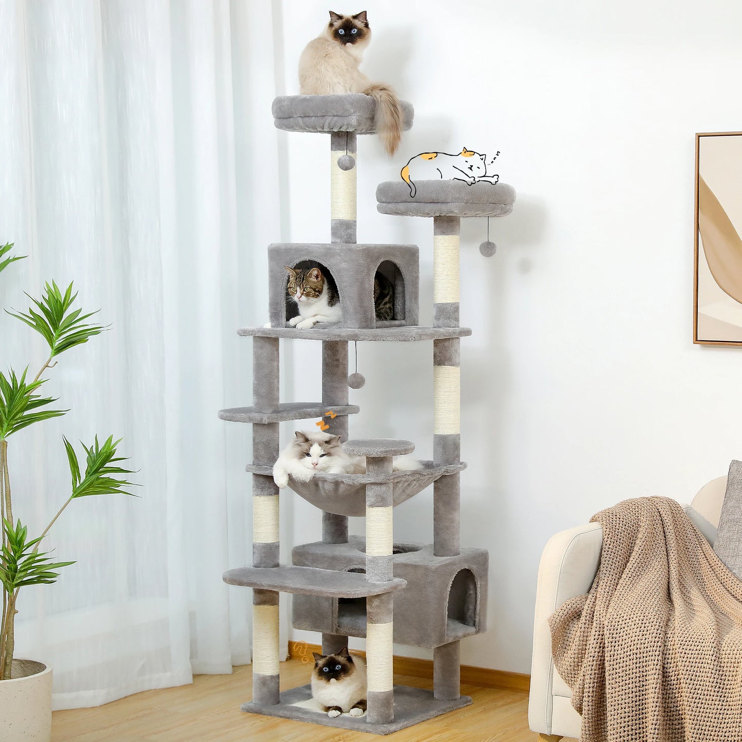 Arbre à chat géant 164-180cm ajustable - structure stable multi-plateaux pour grands chats