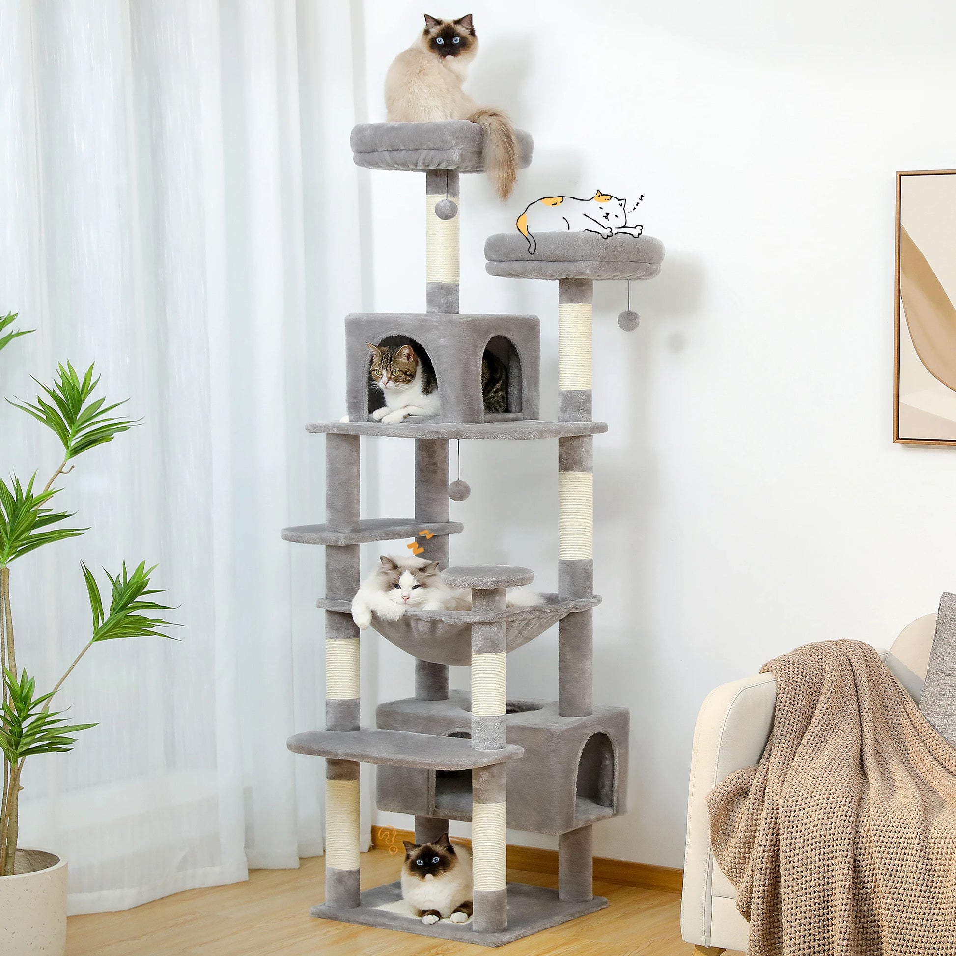 Arbre à chat géant 164-180cm ajustable - structure stable multi-plateaux pour grands chats