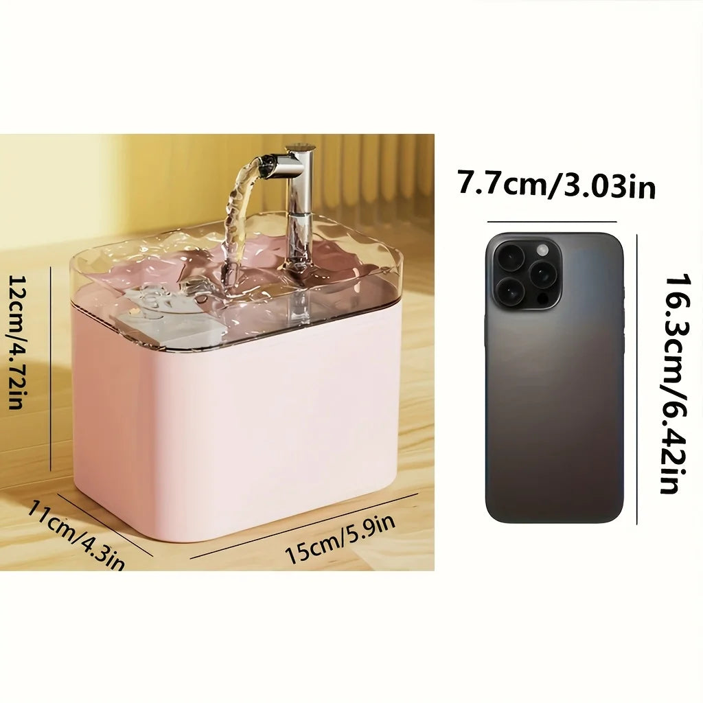Fontaine à eau automatique pour chat et chien rose, bec métal, cuve rectangulaire.