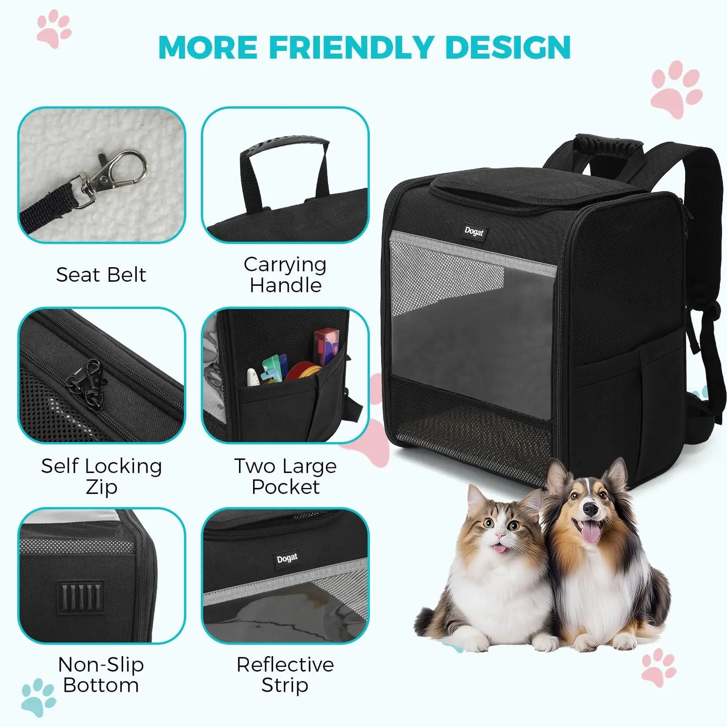 Sac à Dos de Transport Chat & Chien – Respirant, Pliable, jusqu'à 10 kg (34×27×40 cm)