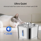 Fontaine à eau pour chat en acier inoxydable, chat endormi près de la cuve.