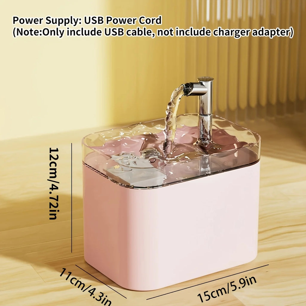 Fontaine à eau automatique chat et chien rose avec bol transparent et jet d’eau.