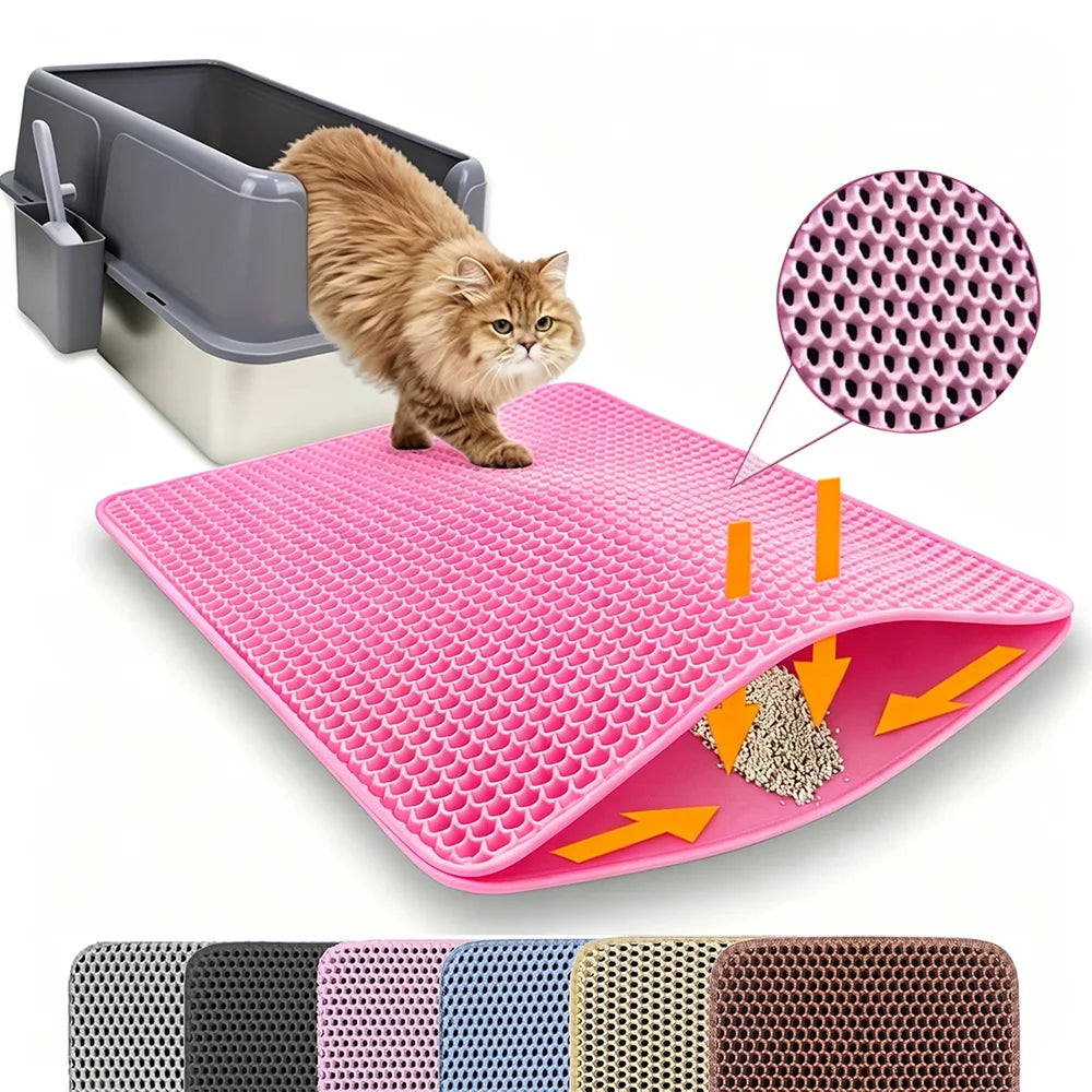 Tapis de litière pour chat double couche rose, motif alvéolé, antidérapant