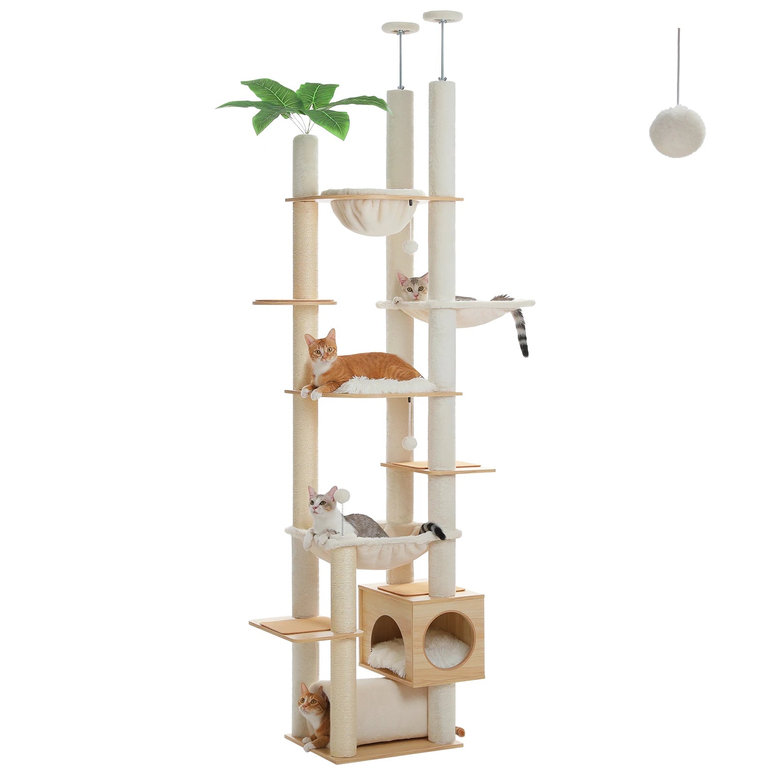 Arbre à chat crème avec hamac en tissu et perchoirs ronds, boules suspendues