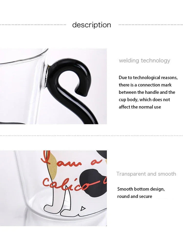 Mug en verre borosilicate transparent avec anse en forme de queue de chat vue de près 